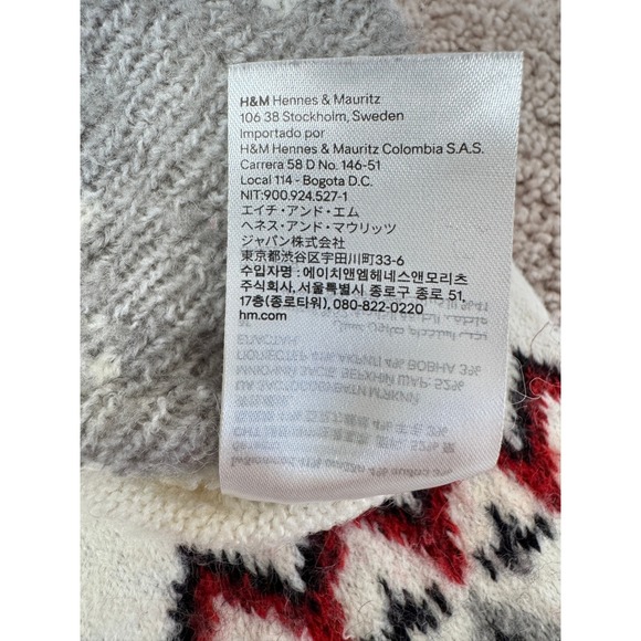 H&M Mens Fair Isle Reindeer Snowflake Sweater Ivory Red Gray Holiday Crew Neck M - Picture 12 of 13